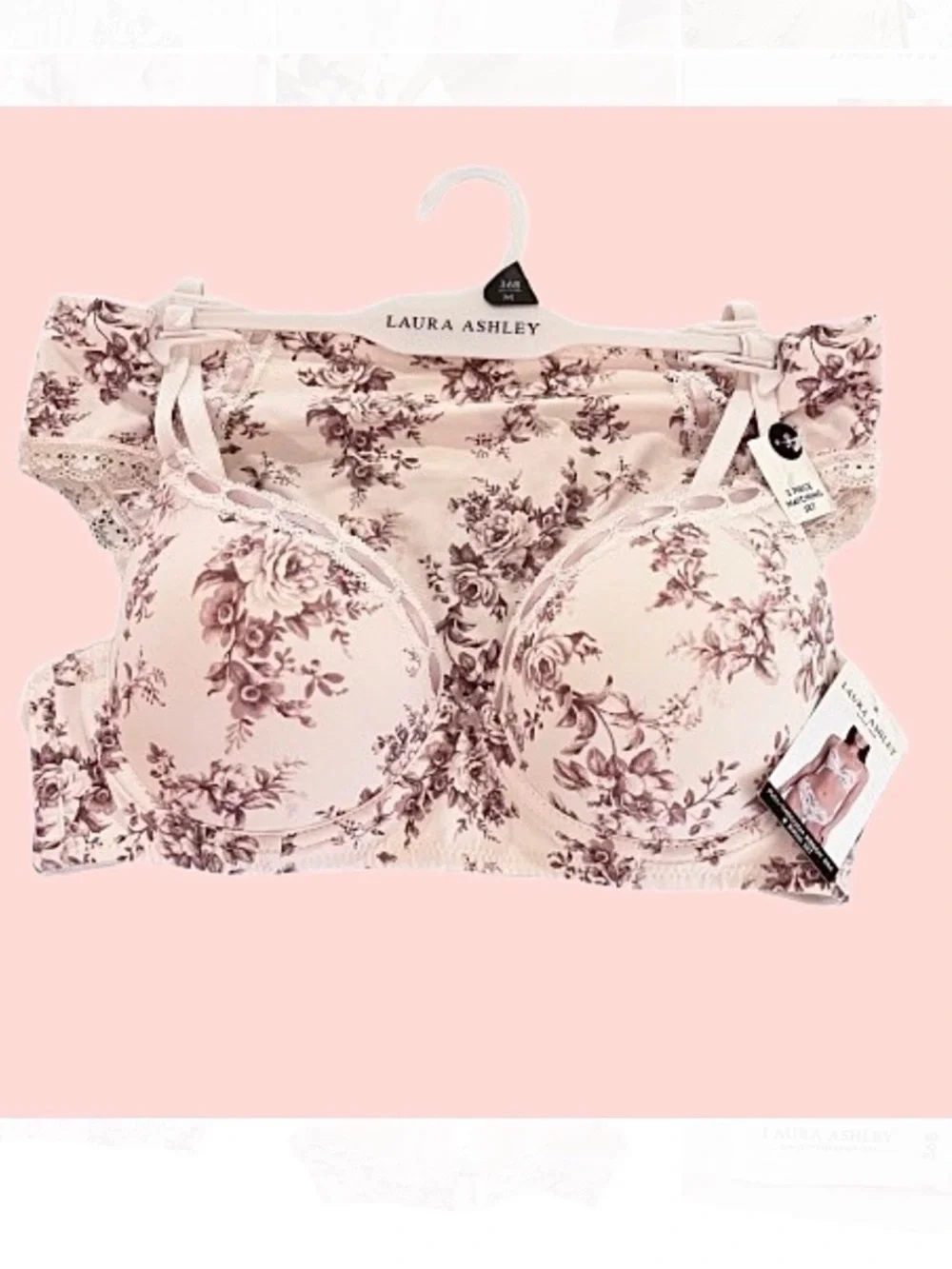 🆕-Laura Ashley- FLORAL PULL THROUGH RIBBON BRA & BIKINI SET. Size: Medium/36B